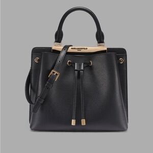 Karl Lagerfeld Evelina BucketBlack Leather Drawstring Satchel with Gold Hardware